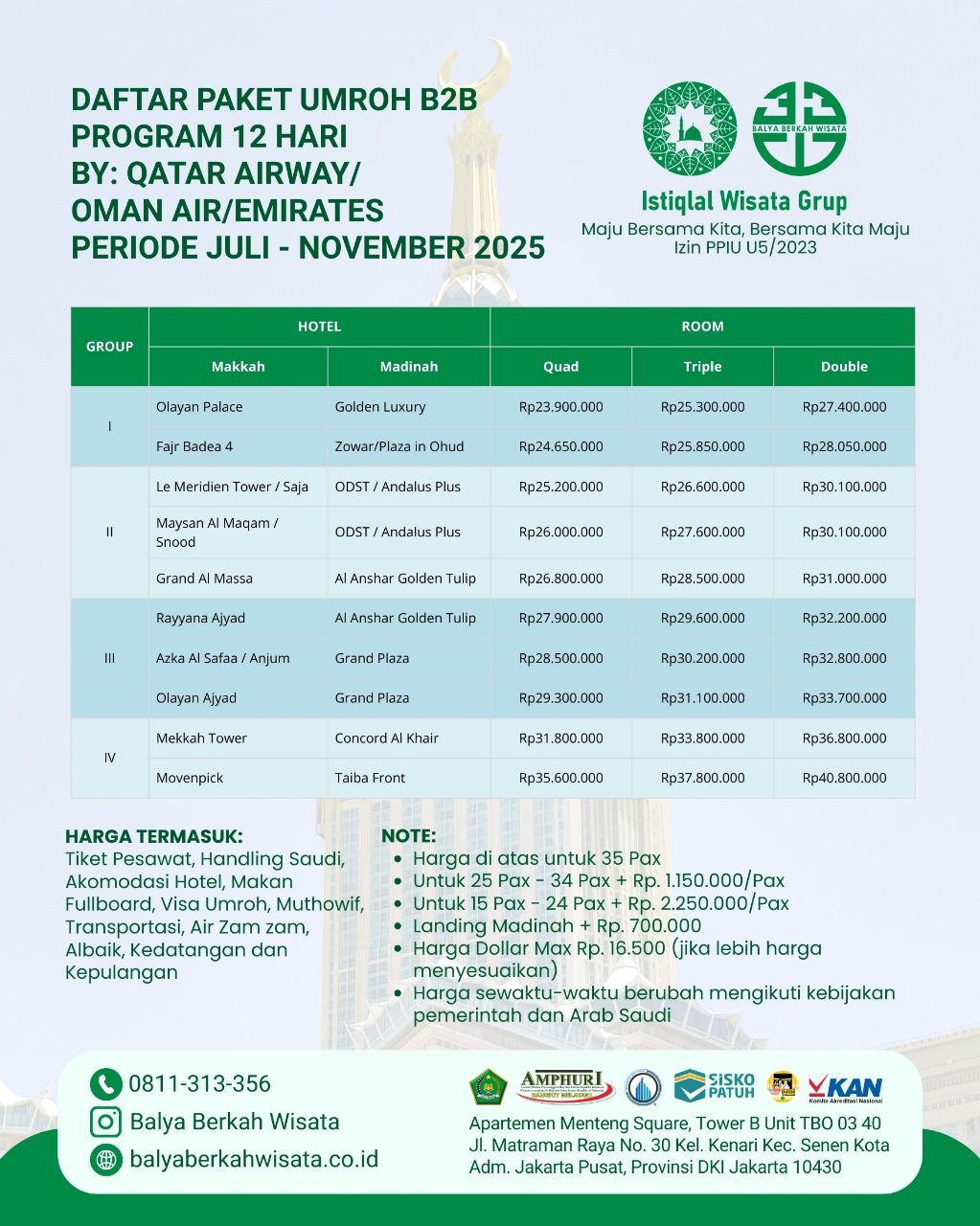 Paket Umroh B2B	 Program 12 Hari By Qatar Airway
